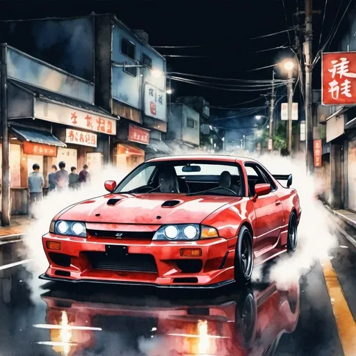 Prompt: a japanese street racer car street racing at night in a watercolor style