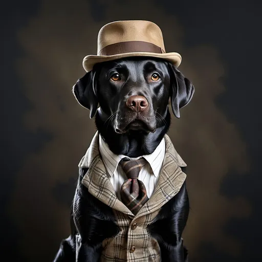 Prompt: black labrador dressed as a country gentleman with dark background