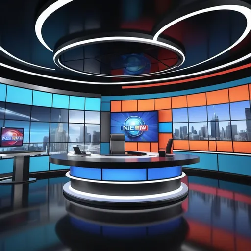 Prompt: Good quality 3D rendering of a modern news studio, sleek and professional design, large floor-to-ceiling screens, polished glass paneling, high-tech broadcast equipment, professional news anchors, vibrant and energetic color scheme, dynamic lighting, ultra-detailed, highres, 3D rendering, modern, professional, sleek design, news studio, vibrant colors, dynamic lighting