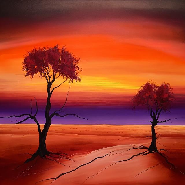 Prompt: A painting of an orange, red and purple sunset in a dessert with lone trees and wind blowing 