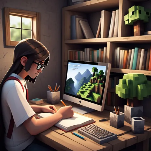 Prompt: i want an image representing my interests: writing, Minecraft, computers, reading, and drawing.