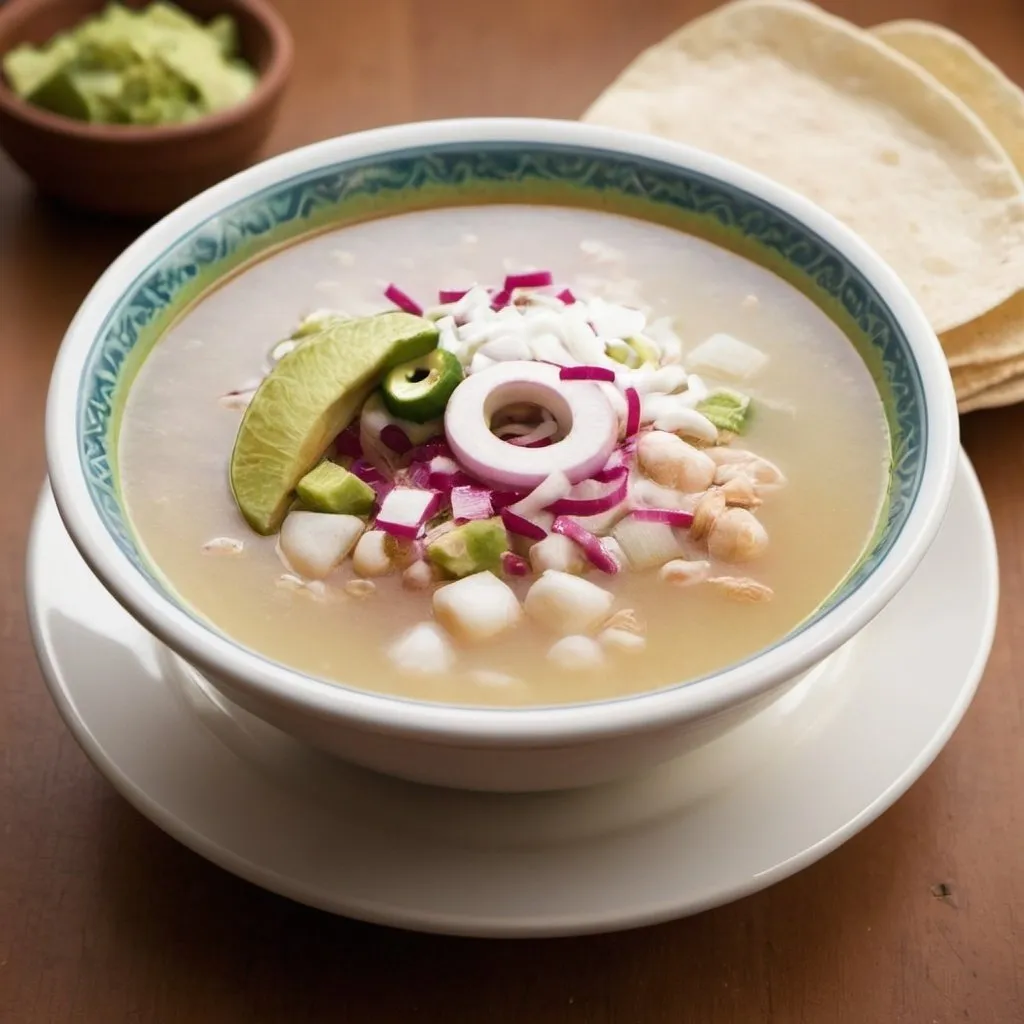 Prompt: Crea una imagen de una sopa de pozole blanco, revisa la informacion como referencia de un local de comida mexicana llamado pinches tacos