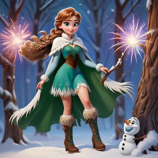 Prompt: 1girl, anna \(frozen\), bare tree, boots, braid, branch, brown footwear, brown hair, cape, elsa \(frozen\), fireworks, forest, full body, fur-trimmed boots, fur-trimmed cape, fur trim, green eyes, high heel boots, high heels, in tree, long hair, nature, palm tree, pine tree, single braid, sitting in tree, snow, snowflake background, snowflakes, snowing, snowman, solo, standing, tree, twin braids, winter