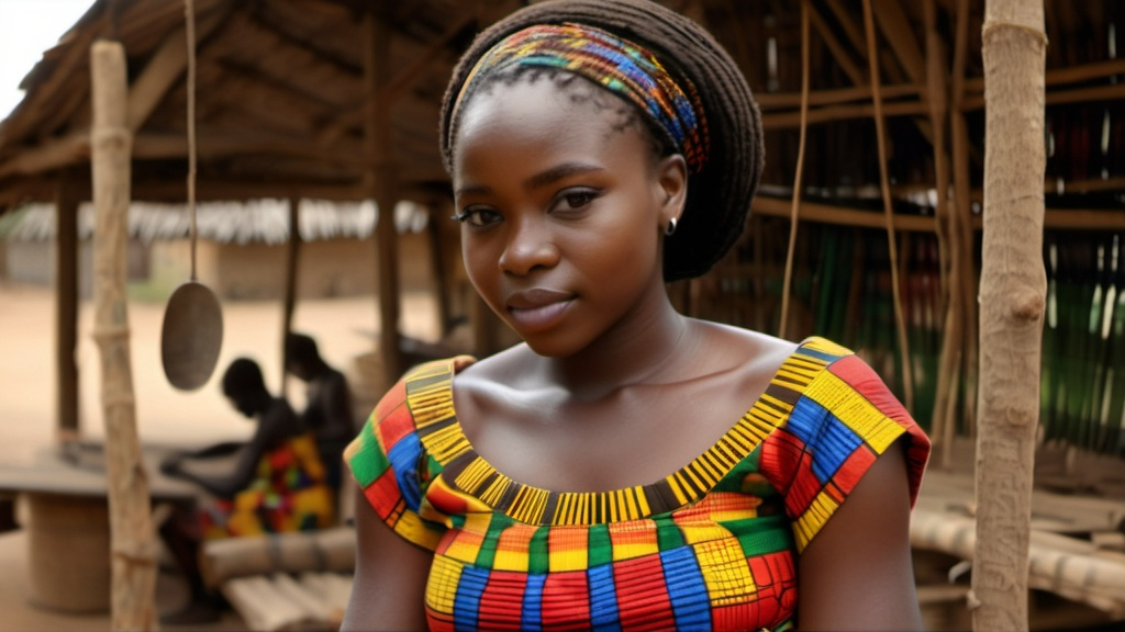 Prompt: A beautiful Ghanaian girl, hail from the Ashanti region, wearing colourful clothes made from kente, with  the inside a weavers shed and tools at the background. Also there must a man and a woman weaving at the background. image must have an oily finish and must be 1920 by 1080p. Animate the image.