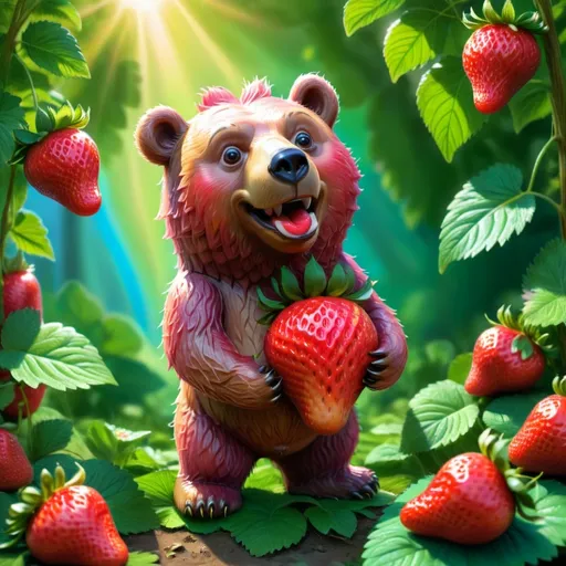 Prompt: (bear holding a huge strawberry), whimsical, cute and playful, lush greenery in the background, vibrant colors, bright and cheerful atmosphere, silky texture of the strawberry, sunlight filtering through leaves, high detail, HD, dynamic composition, soft shadows, inviting and heartwarming scene.