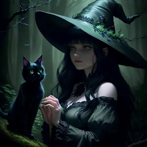 Prompt: (Enchanting witch), bangs and long black hair, full cheeks, (mystical dark forest), shadowy trees, (whispering winds), (black cat pet) by her side, ethereal lighting filtering through branches, deep emerald greens and shadowy hues, enchanting yet grim atmosphere, (highly detailed), (4K resolution), soft mist rising from the ground, an air of mystery and magic.