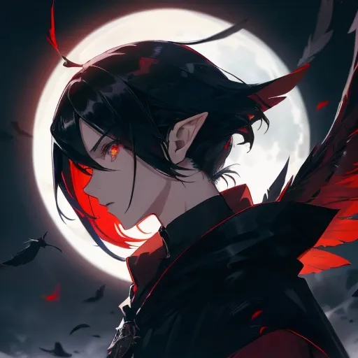 Prompt: Profile image of a sleek and stylish character, anime style, cool tones, detailed hair and clothing, intense gaze, professional rendering, highres, detailed eyes, sleek design, atmospheric lighting, elvish man, open red feathery wings, short black hair, full mask over face , black cloak, moon backdrop 