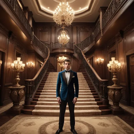 Prompt: Luxurious mansion interior with wealthy young man, opulent furnishing, luxurious lifestyle, troubled expression, high-end fashion, grand staircase, antique decor, intricate details, dramatic lighting, high quality, realistic, opulence, troubled, wealthy, luxury, vintage decor, dramatic lighting, troubled expression, mansion interior, grand staircase, opulent, rich, detailed, high-end fashion