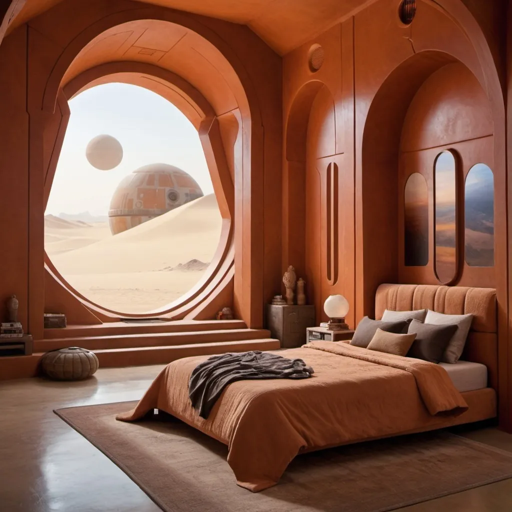 Prompt: A bedroom with architecture from star wars & the color palette from Dune