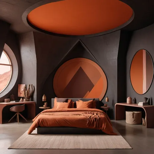 Prompt: A bedroom with architecture from Mordor & the color palette from Dune