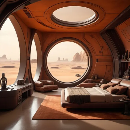 Prompt: A bedroom with architecture from star wars & the color palette from Dune