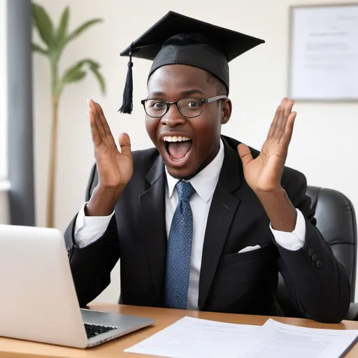 Prompt: (accurately spelled text "Congratulations Advocates"), target market are black, Zambian lawyers. Image of African person in a suit, no graduation cap. Sitting by a Computer and shouting in jubilation after checking results 