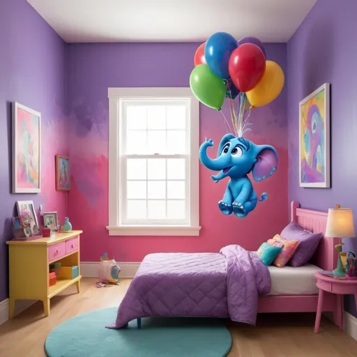 Prompt: create an artist impresion for a bedroom for a little girl based on Inside Out Movie from Disney, especially the bing bong element with the flying slate the elephant
