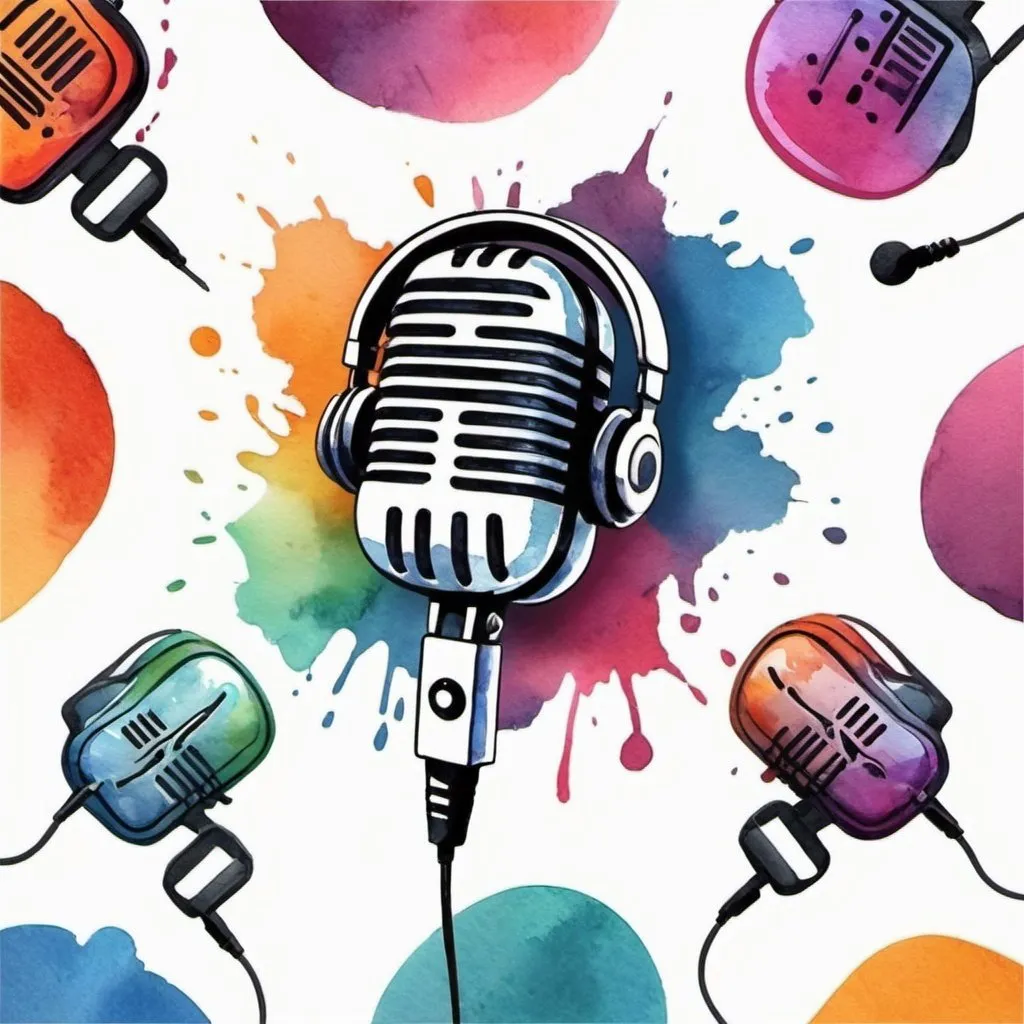 Prompt: 
VETOR DE LOGOTIPO DE PODCAST COM VARIAS CORES NO ESTILO AQUARELA ROCK