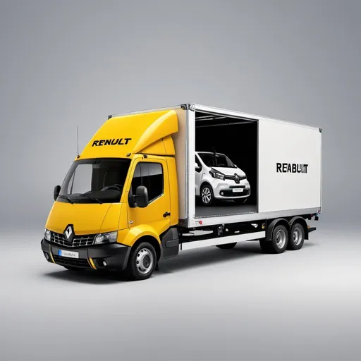 Prompt: Create a 3,5 transporter from renault. The back has a flightcase print design. The brand on the flightcase surface shows "Making Mobil". Show me the vehicle from outside top left facing to me.