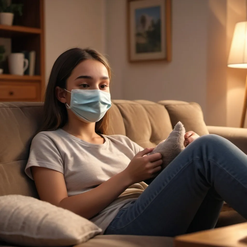 Prompt: (young girl) putting on a face mask, lounging on a comfy couch, (relaxing atmosphere) with a cozy ambiance, watching TV, soft lighting casting shadows, plush cushions surrounding her, (warm color tones) creating a nurturing feel, ultra-detailed, 4K imagery, inviting and cheerful setting, emphasizes comfort and self-care.