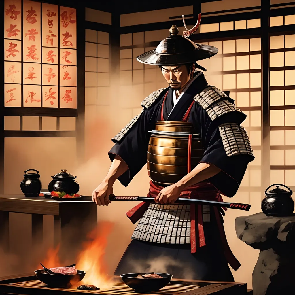 Prompt: Japanese samurai grilling steak, traditional Japanese painting, sizzling sound, intense focus, detailed kimono, detailed shogun helmet, high-quality, traditional art style, warm tones, atmospheric lighting