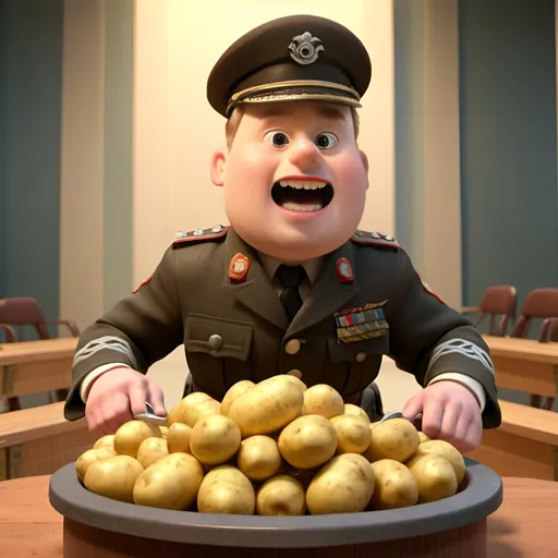 Prompt: Young handsome Nazi officer happily eating raw potatoes on the podium