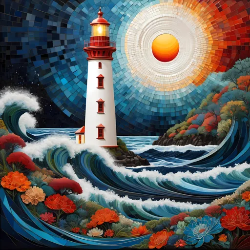 Prompt: intricate gorgeous detailed landscape of a mosaic lighthouse, acrylic, geometric, 3D, zentangle, hypermaximalism, oil gouache painting, acrylic, high contrast, deep colors, ultra detailed, ultra quality, CGSociety abstract vector fractal, wave function