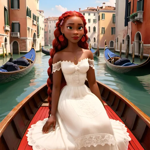 Prompt: Venice, 1930s, beautiful modern black woman with long red braids and white lace dress on gondola, her whole body can be seen