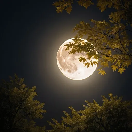 Prompt: full moon day night.golden color moon rays emitting through the leaves of trees creating dark shadows.