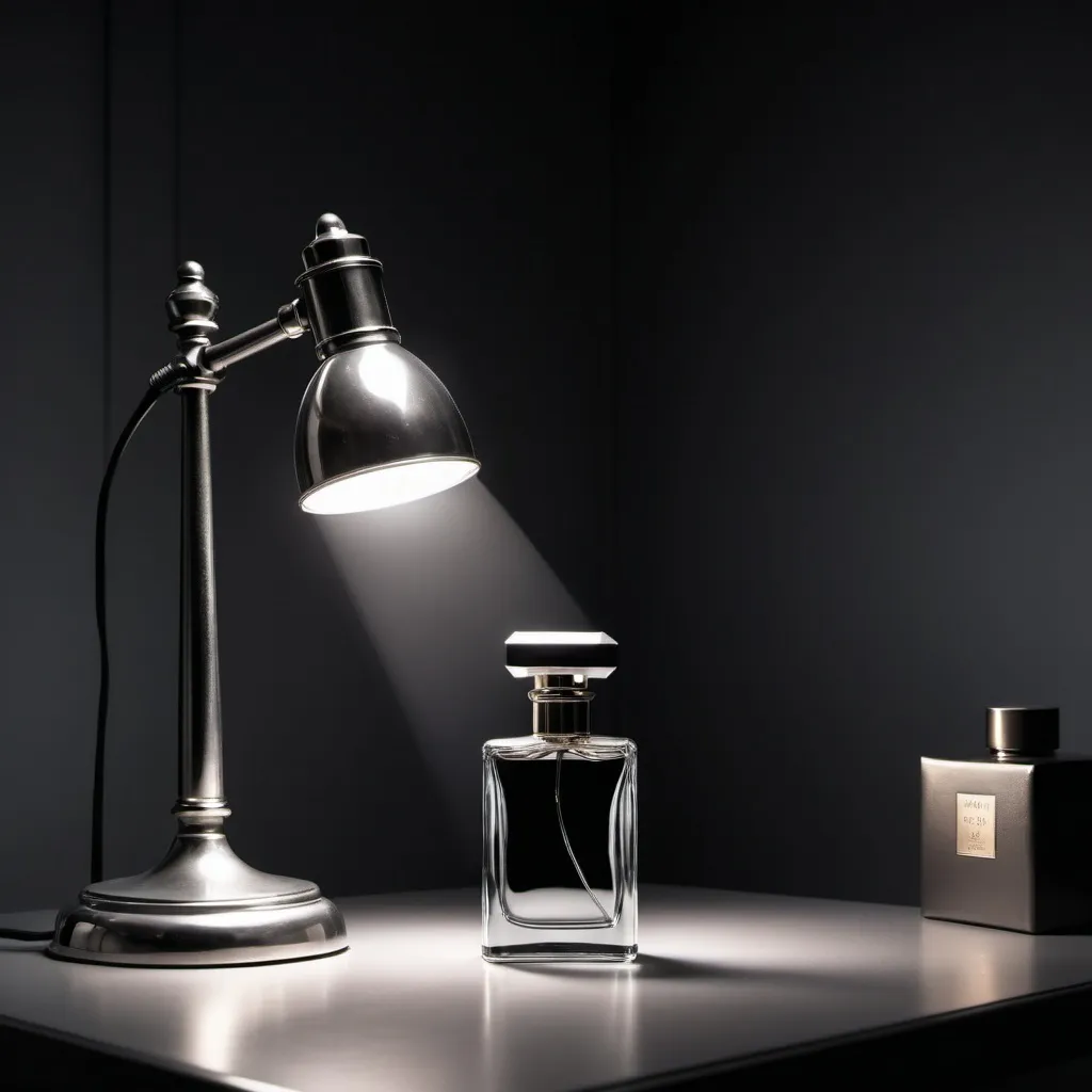 Prompt: One perfume being interrogated with an arm desk lamp shining light on it. Make it look like an interrogation room where the table is a grey steel table and the background is a mirror just like in an interrogation room