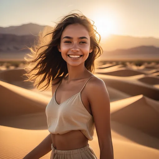Prompt: In a mesmerizing desert landscape bathed in soft golden light, a young woman stands gracefully, embodying both beauty and strength. She is smiling and face shaking.