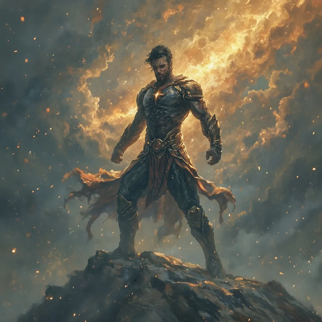 Prompt: a man with untilmate power , leveling his power by the guidance of a system
