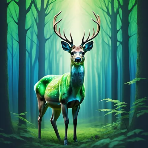 Prompt: Create an image of a deer in a forest with the shades of green and blue colours, to evoke Tranquility and harmony