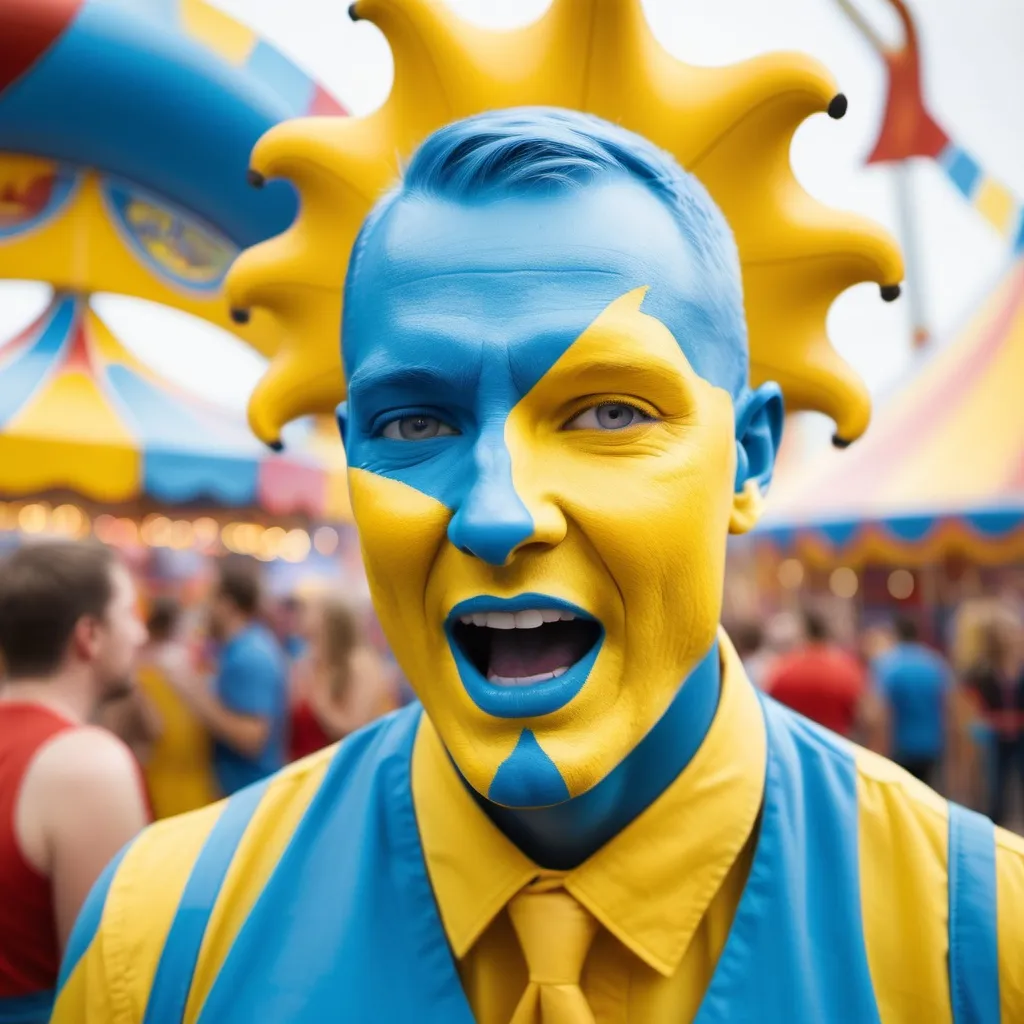 Prompt: Create an image of a jugular at a carnival with a biotic colour of radii, yellow and blue colours to create a lively and balanced atmosphere