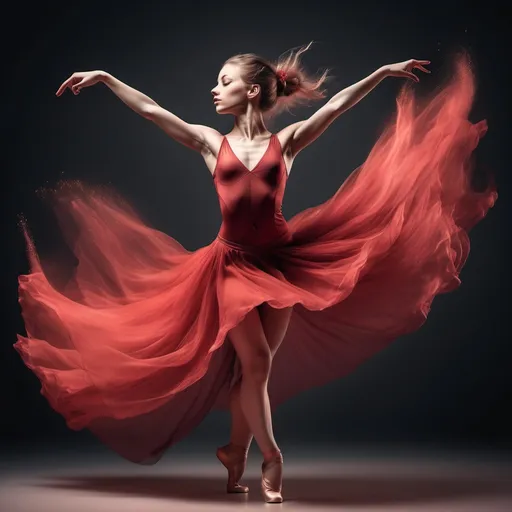 Prompt: Create an image of a dancer with fairy red tone to evoke energy and excitement