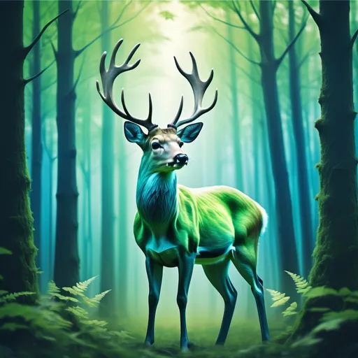 Prompt: Create an image of a deer in a forest with the shades of green and blue colours, to evoke Tranquility and harmony