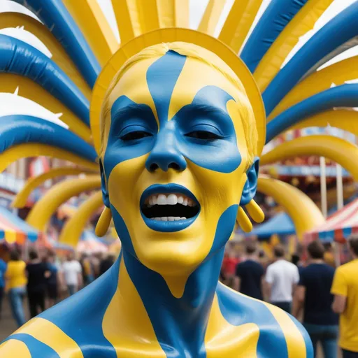 Prompt: Create an image of a jugular at a carnival with a biotic colour of radii, yellow and blue colours to create a lively and balanced atmosphere