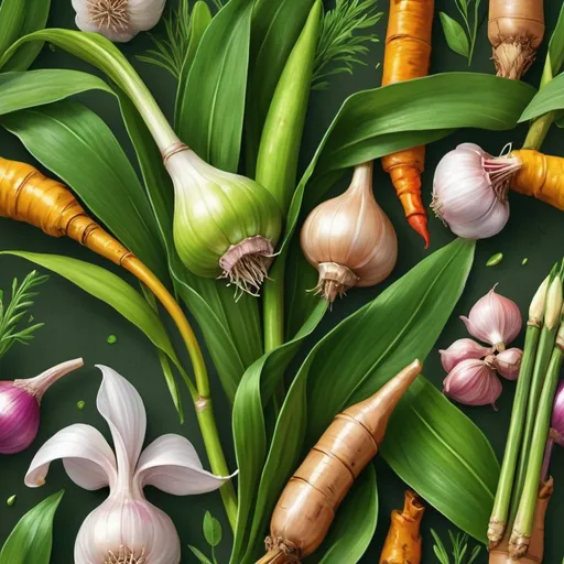 Prompt: Realistic illustration of a vibrant herb field, galangal, garlic, kaffir lime leaves, shallots, lemongrass, lime, chili peppers, turmeric, detailed botanical elements, high realism, natural lighting, rich colors, detailed textures, lifelike, herbs in natural setting, best quality, highres, ultra-detailed, realistic style, vibrant colors, natural textures, professional, realistic lighting