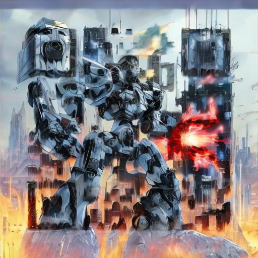 Prompt: masterpiece, best quality, mecha, no humans, black armor, blue eyes, science fiction, fire, laser canon beam, war, conflict, destroyed city background