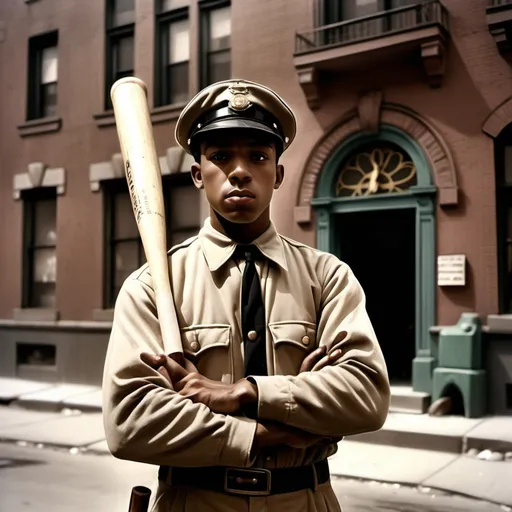 Prompt: a man in uniform holding a baseball bat in his hand and a building in the background with a clock on it, Almeida Júnior, harlem renaissance, ignacio fernandez rios, a colorized photo