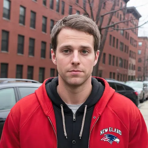 Prompt: Cursed image of a generic white guy from New England in his 30s wearing a black hoodie over a red jacket