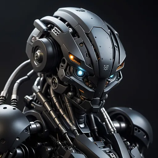 Prompt: close-up portrait of a futuristic black combat mecha, intricate mechanical head made of interlocking armor plates, exposed wiring, micro-hydraulics, pistons, and articulated joints. smooth matte-black surfaces with subtle reflections, small glowing indicators, technical decals, a sharp star-shaped insignia on the side. elegant but intimidating robotic design, partially draped in dark fabric, highly detailed engineering, cinematic realistic lighting, crisp depth of field, ultra-sharp, 8k photorealistic, high-end sci-fi concept art.