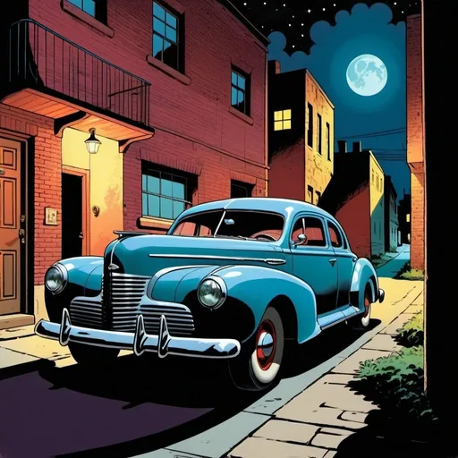 Prompt: An old car in a back street at midnight , in the style of Jack Kirby and Wally Wood, 1940s vintage comic, Chiaroscuro colors