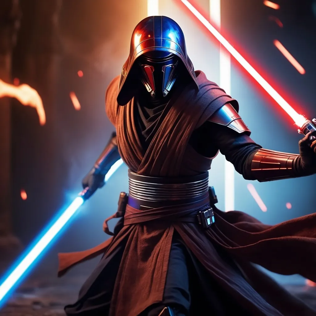 Prompt: Darth Revan versus Jedi Knight Cal Kestis