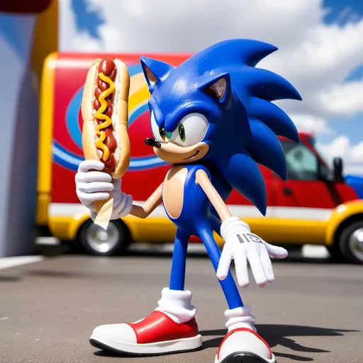 Prompt: Sonic eating a chili dog