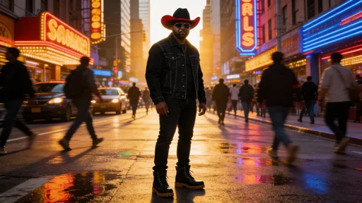 Prompt: @Cc1pMzB2bmd25kmGyRch standing still in urban city traffic and peole present neon lights black jean jacket black jeans black timberland boots black and red cowboy hat high fashion with nice sun shades looking toward
 the camera