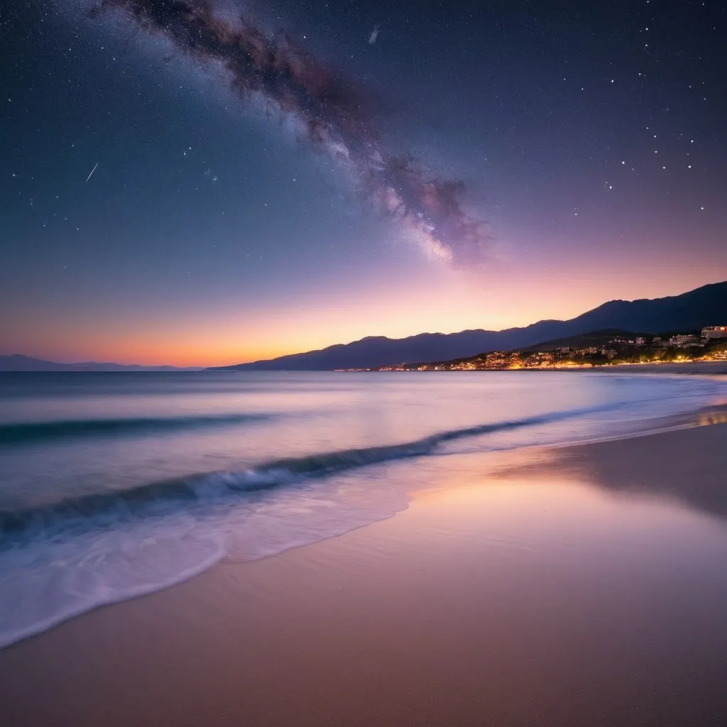 Prompt: a beautiful sunset with a long exposure of a night sky full of stars in the sky, picturesque mountains along the horizon, and a serene beach in the foregroune