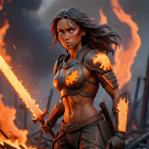 Prompt: Female warrior, name Bithia,  apocalyptic burning background, ready for battle, the word HEAT in fire in background