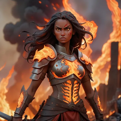 Prompt: Female warrior, name Bithia,  apocalyptic burning background, ready for battle, add.      
The word HEAT in fire in background