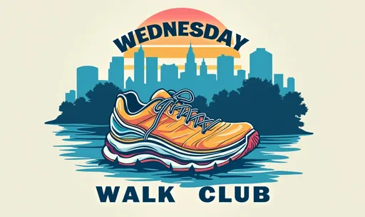 Prompt: create a tshirt vintage logo for a city walk club. the name of the club is Wednesday Walk Club. must have an athletic shoe in the logo. only use hues of blue. o


