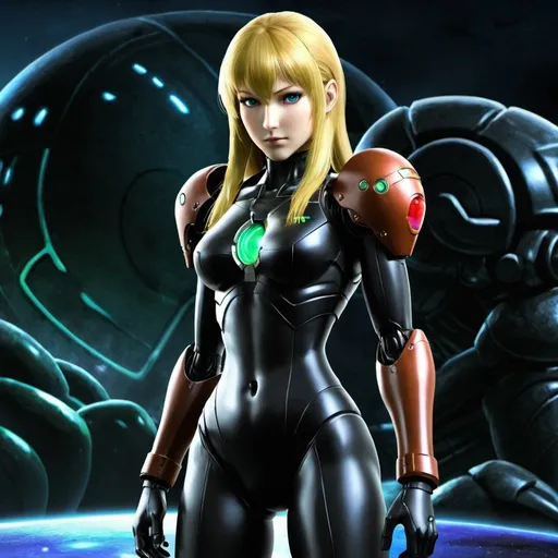 Prompt: Samus from Metroid other M, with a black suit, her canon, in zebes background, add a lot of Metroid to the background, and giver her a model face, 
