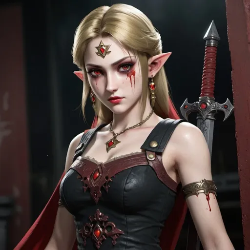 Prompt: Princess Zelda on final fantasy vii style with realistic and detailed red eyes, blood in the dress, with a black and red dress, with makeup, red lips, and a models face, and add a silent hill background, and remove the blood on her left eye 