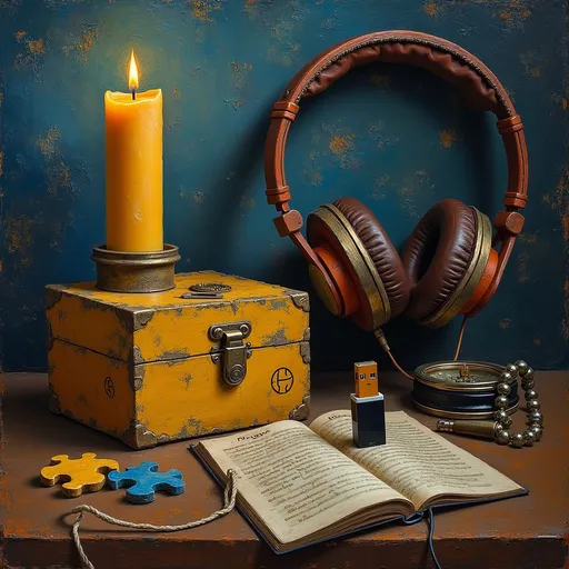 Prompt: Still life composed of one candle, one USB stick, one puzzle piece, one box, one compass, and one pair of headphones in the style of a van gogh painting








