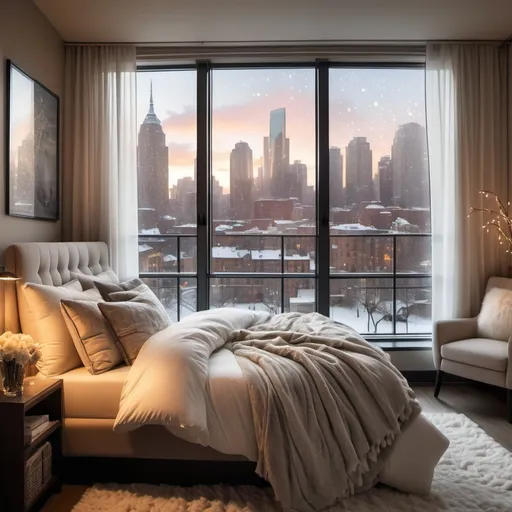 Prompt: The warm bedroom offers a stunning view of the city, especially enchanting as snow falls gently outside. Large windows frame the picturesque scene, allowing soft, diffused light to filter in and illuminate the room.

Inside, the decor features cozy elements like a plush bed with a thick comforter and a collection of fluffy pillows, inviting you to snuggle in. A warm throw blanket drapes over a stylish armchair positioned near the window, perfect for enjoying a cup of hot cocoa while watching the snowflakes dance in the air.

The walls are painted in warm tones, and decorative accents like soft lighting and art pieces create a welcoming atmosphere. A small shelf holds winter-themed books and a few candles, adding to the room's cozy charm. The combination of the snowy city view and the inviting interior makes this bedroom a perfect retreat for relaxation and comfort.